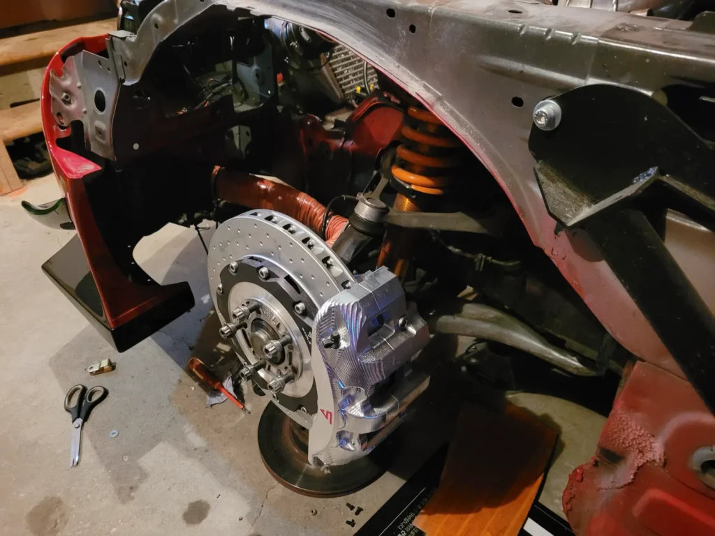 Brake rotor, caliper and coilover with the wheel removed