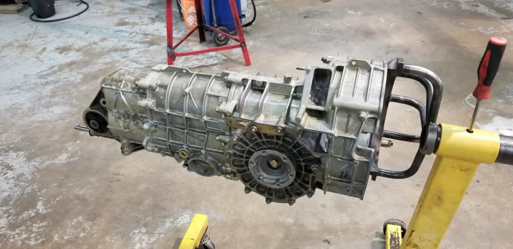 Transaxle on a stand in the Alpine Autowerks shop